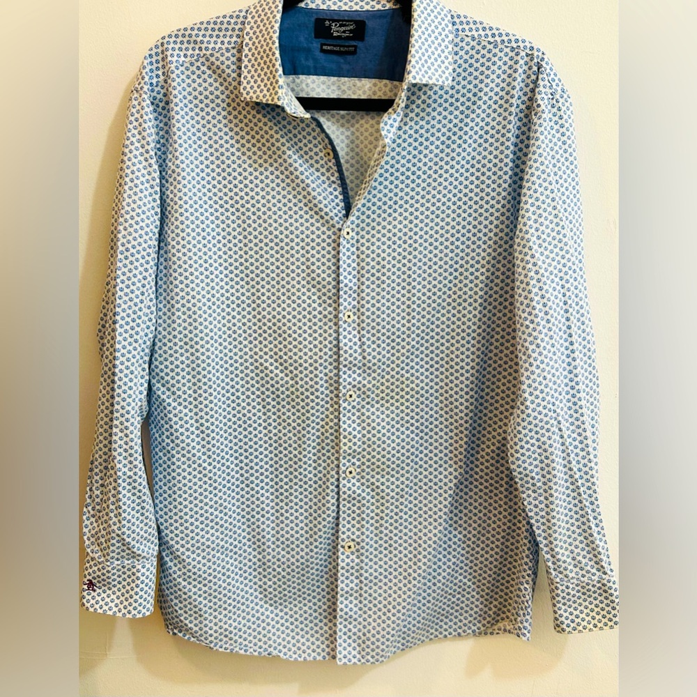 Original Penguin White, Turquoise Geometric Print Heritage Slim Fit 16.5 Large